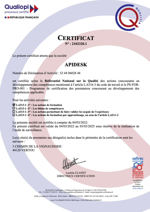 Certificat de conformité Qualiopi par Qualitia pour apidesk